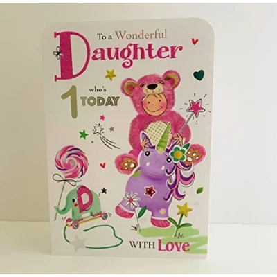 Image of Jonny Javelin Wonderful Daughter Age 1 Who&#039;s Today Birthday Card Unicorn