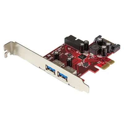 Image of StarTech.com 4 Port PCI Express USB 3.0 Card 2 External &amp; Internal SATA Power UASP Support 2x Int Motherboard Style Headers (PEXUSB3S2EI) , Metallic/Red
