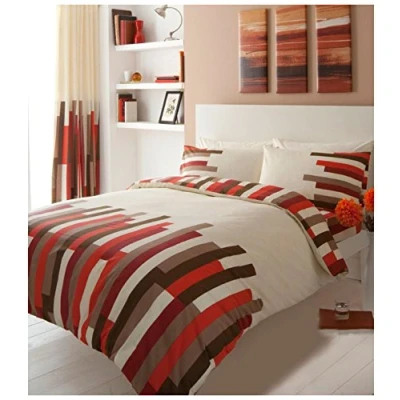 Image of GC GAVENO CAVAILIA Super Soft Striped Bedding Double Bed Set, Polycotton Cosy Duvet Cover Reversible Covers, Cream/Red