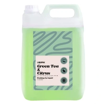 Image of Liquipak Vegan Washing Up Liquid, Refill Green Tea &amp; Citrus 100% Cruelty Free, Removes Tough Stains (5 Litres)