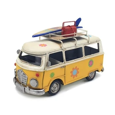 Image of Tamersgifts Metal Tin Vintage Collectible Models Classic Transport Cars Scooters Motorbikes Planes Trains Tractors (Yellow Camper Van Model)
