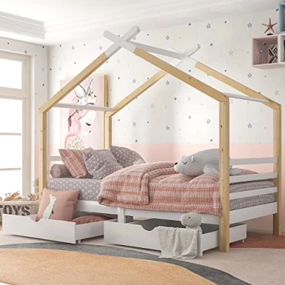 Image of Merax Wooden Kids Single Bed Frame, 3FT Toddler with Roof Canopy and Storage Drawer, Solid Pine Wood House Tree for Children Girls Boys (Natural Wood)
