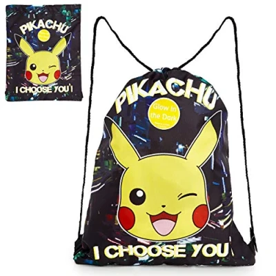 Image of Pokemon Drawstring Bag, PE Gym Swimming and Sport Sack, Glow in the Dark Bag featuring Pikachu, Lightweight Black String Sack for Kids Adults, Gifts