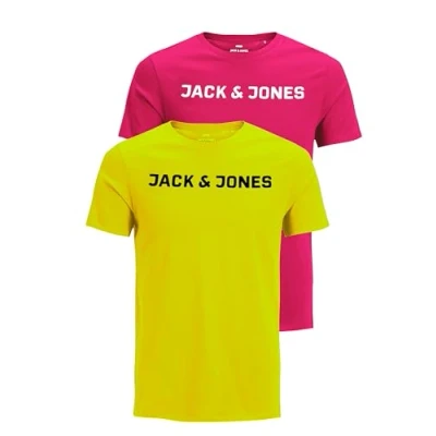 Image of JACK &amp; JONES Men&#039;s Slim Fit T Shirt with Print in Mix Pack of 3 or 6 Crew Neck Sizes S M L XL XXL, 2 (1 x Fuchsia Rose, 1 Safety Yellow),