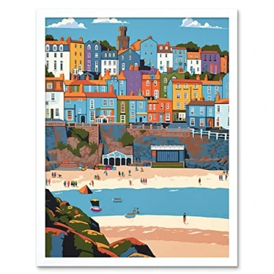 Image of Artery8 Tenby Castle Beach in Wales Colourful Townscape Artwork Framed Wall Art Print 9X7 Inch
