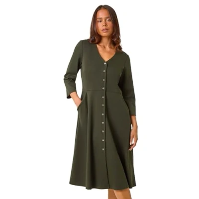 Image of Roman Petite V Neck Button Detail Stretch Dress for Women UK Ladies Autumn Everyday Winter Holiday Neckline Comfy 3/4 Sleeve Soft Fit &amp; Flare Frock Office Desk Gowns Khaki Size 14
