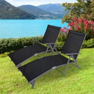 Image of Garden Mile 2 X Reclining Sun lounger With Padded Head Rest Recliner Chair Strong Steel Gravity folding Tanning Bed furniture Patio Outdoor Waterproof Portable Durable
