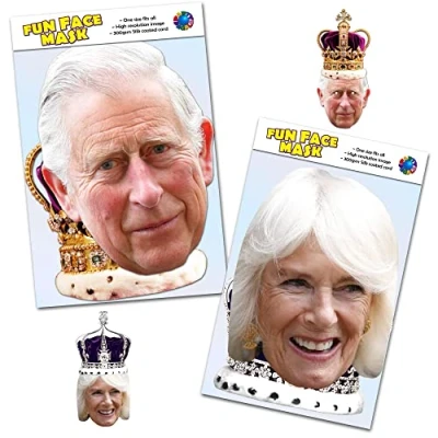 Image of TWIN Pack 2 x Two Part King Charles III &amp; Camilla Queen Consort with Coronation Crown Mask Celebrity Face Ready To Wear Great The 3rd 2023 Souvenir
