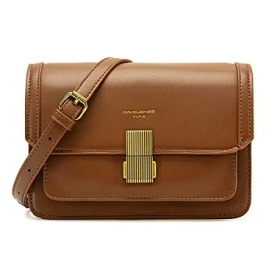 Image of David Jones Women&#039;s Small Crossbody Bag Ladies Rigid PU Leather Shoulder Elegant Purse Mobile Wallet Pouch Handbag Rectangular Messenger Evening Shopping Trendy City Brown Camel