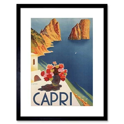 Image of Wee Blue Coo Travel Tourism Italy Capri Island Sun Flowers Sea Framed Wall Art Print