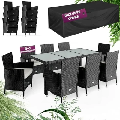 Image of CASARIA® 8+1 Polyrattan Garden Dining Furniture Set with Weatherproof Cover &amp; Seat Cushions 8 Person Patio Seating Group Stackable Chairs 190x90cm Table Frosted Glass Top Black