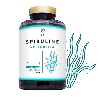Image of Chlorella Spirulina Tablets 1250mg Powerful Antioxidant,Helps Immune System,Reduces Fatigue.Provides Iron, Eliminates Heavy Metals.180 Vegetable Capsules.1250mg.UK Vegan Certified.N2 Natural Nutrition