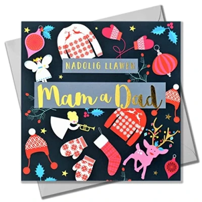 Image of Welsh Christmas Card, Mum &amp; Dad Jumpers Reindeer, text foiled in shiny gold