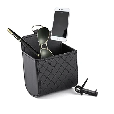 Image of Universal car Air Vent Organizer Box storage Bag, Keenso Black Auto Seat Back Interior Case with Hook, Mount Outlet Hanging Leather Container Bag Pouch Holder