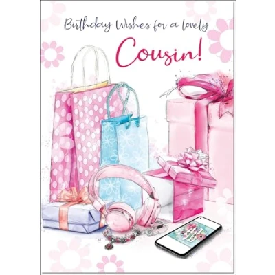 Image of doodlecards Cousin Birthday Card Present Pile Medium Size with Plain Envelope