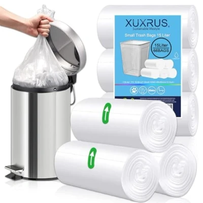 Image of XUXRUS Small Bin Liners 15 Liter,66 Counts Clear Plastic Garbage Bags Wastebasket Trash Can for Pedal Bathroom Bedroom Office,Fit Liter, 3Gal,Clear