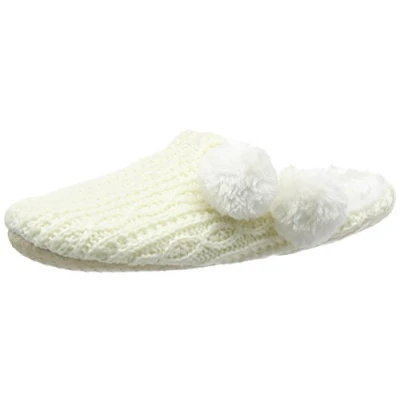 Image of Eaze Women&#039;s Cable Knit Fur Pom Low Top Slippers, Beige (Cream), L UK