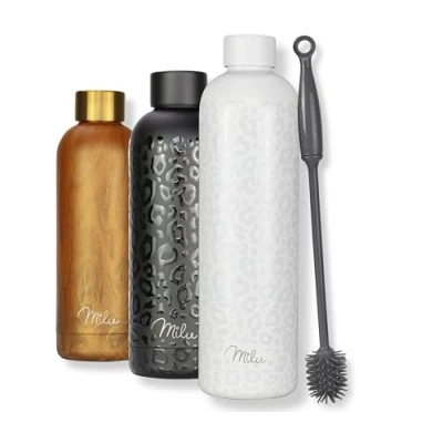 Image of Milu Stainless Steel Water Bottle 500ml 750ml 1L Vaccum Insulated Large Drink Flask Bottles Leakproof Keep Drinks Hot Cold for Bike Camping Sports Gym incl. Cleaning Brush (White Leopard, 1L)