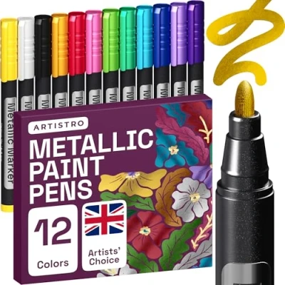 Image of ARTISTRO 12 Metallic Markers with Medium Tip, Acrylic Paint Markers, Pens Pre Activated, for Kids &amp; Adults, Black Paper, Rocks