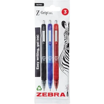 Image of Zebra Pen Z Grip Assorted Gel Pens 3pk 0.7mm Retractable Coloured with Clip, Smudge Proof, Rapid Dry, Comfort Grip, Water Resistant 3 Multipack (Multicolour Black, Blue, Red)