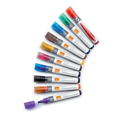 Image of Nobo Liquid Ink Drywipe Whiteboard Pens, 3 mm Bullet Tip, Pack of 10, 1915381, Coloured
