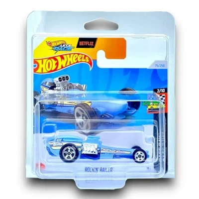 Image of Hot Wheels Rockin&#039; Railer (Light Blue) 2/10 HW Race Day 2024 75/250 (Short Card) includes a KLAS Car Keeper Protector Case HTC75
