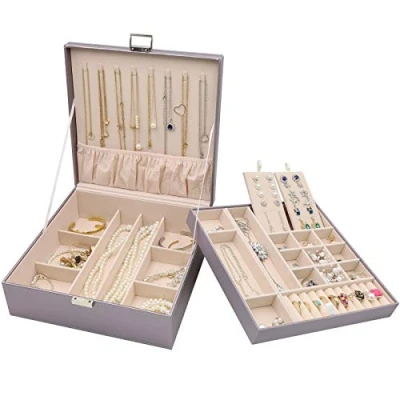 Image of ProCase Jewellery Box Organiser, Large Boxes with 2 Tiers, Gift Storage Cases Removable Divider for Earrings, Bracelets, Rings, Necklaces Pearlizedsilver