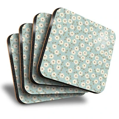Image of Destination Vinyl ltd Great Coasters (Set of 4) Square Cute Daisy Flowers Duck Egg Drink Glossy Coasters/Tabletop Protection for Any Table Type #2847