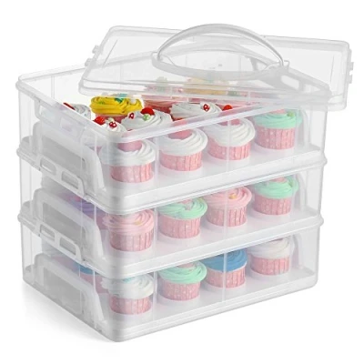 Image of Gr8 Home 3 Tier Stackable Cupcake Carrier Box Muffin Cake Holder Plastic Clear Storage Container Basket Courier With Handle holds 36 Cakes