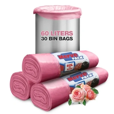 Image of Bin Liners 60L Roses Scented Bags (60L Count 30 Bags) Bathroom with Drawstring for Pedal Liners, Ideal Sanitary Disposable