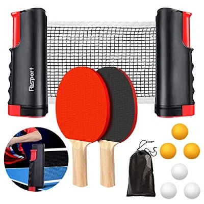 Image of FBSPORT Table Tennis Set, Ping Pong Bats Set with 2 Paddles, 1 Retractable Net, 6 Balls, Carrying Bag, for Trainer Adults Kids Indoor Outdoor (Grey)