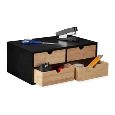 Image of Relaxdays Desk Organiser, 4 Drawers, Bamboo &amp; MDF, HWD: 13.5 x 33 21 cm, Office Stationary Box, Storage, Natural/Black