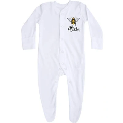 Image of TeddyTs Personalised Baby Bumble Bee Sleepsuit (0 3 Months) White