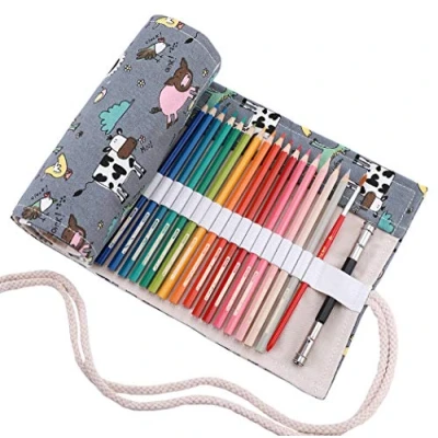 Image of Amoyie Roll Up Case for 48 Coloring Pencil, Canvas Pencil Storage Bag Wrap (no Included) Cute Animal