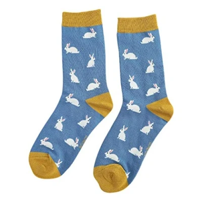 Image of Rabbits on Blue Ladies Novelty Ankle Socks Adult One Size