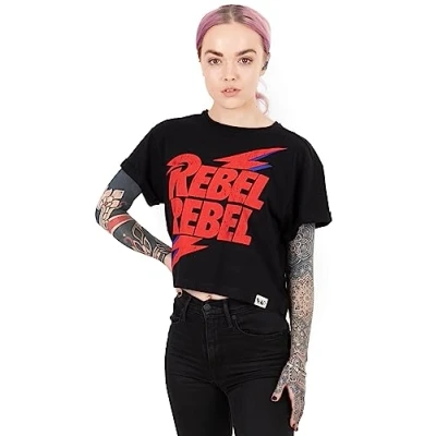 Image of David Bowie Cropped T Shirt for Women Ladies Rebel Song Black Short Sleeve Rock Band Tee Music Gifts Merchandise XL