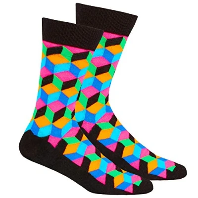 Image of Mens Crew Funky Socks Mid Calf Colorful BlackCubes Abstract Size 6 11