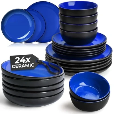 Image of MIAMIO 24 Piece, Service for 6 Dishware Set/Stoneware Dinnerware Set Including Plates, Soup Plates and Bowls Microwave &amp; Dishwasher Safe Le Papillon Collection (Blue)