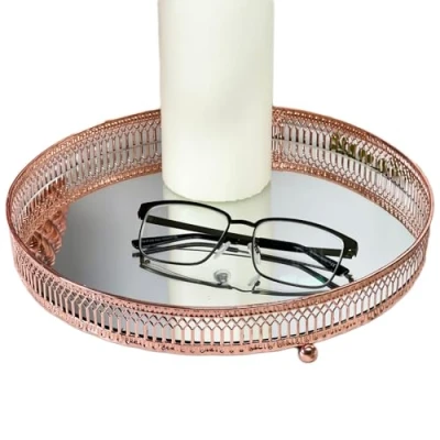 Image of Copper Mirror Tray 28cm Ornate Metal Modern Round Display Perfume Candle Plate