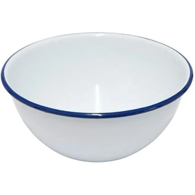 Image of Premium Quality Traditional Enamel White Blue Trim Rice Plate, Pasta Bowl, Dinner Round Pie Soup Mixing Deep Dish Tableware Crockery (Pudding Bowl 16cm)