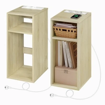 Image of WOLTU Set of 2 Bedside Table, Nightstand with Charging Station Sockets and USB Ports, Light Woodlook Side Table Open Compartments, Narrow for Living Room Bedroom, NTS06hei