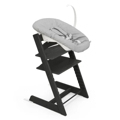 Image of Stokke Tripp Trapp Chair (Oak Black) with Newborn Set (Grey) Cosy, Safe &amp; Simple to Use for Newborns Up 20 lbs