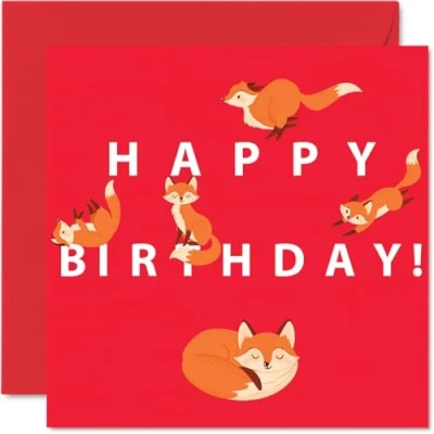 Image of Fun Birthday Cards for Women Men Cartoon Fox Happy Card Brother Sister Son Daughter Mum Dad Auntie Uncle, 145mm x Animal Bday Greeting