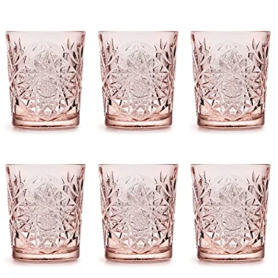 Image of Libbey Drinking Glass Hobstar Coral Pink 355 ml / 35.5 cl 6 Pieces Vintage Design Dishwasher Safe