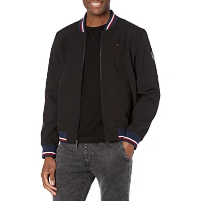 Image of Tommy Hilfiger Men&#039;s Lightweight Varsity Rib Knit Bomber Shell Jacket, Black Soft Shell, M UK