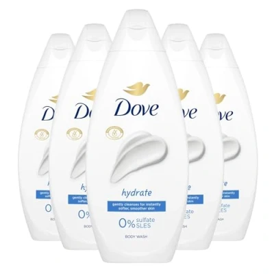 Image of Dove Body Wash 0% Sulfate SLES for Women Made with Naturally Derived Cleansers and Plant Based Moisturiseres Gently Cleanses Softer Smoother Skin, 225ml (5 Pack, Hydrate)