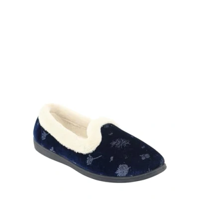 Image of Jo &amp; Joe Ladies Velour Slip On Faux Fur Collar Slippers (Navy, UK Footwear Size System, Adult, Women, Numeric, Medium, 7)