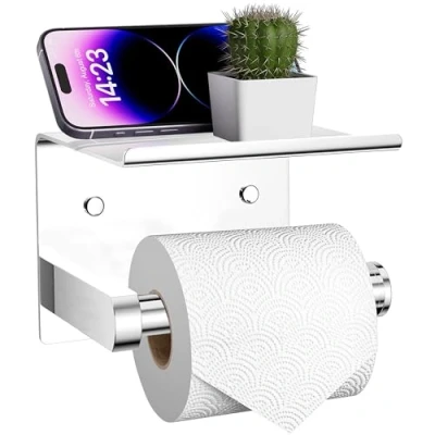 Image of ARSUK Toilet Roll Holder Wall Mounted Tissue Self Adhesive with Shelf Chrome Polished Stainless Steel, Loo Paper Stick on for Bathroom, Washroom, Kitchen Accessories