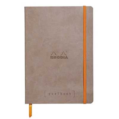 Image of RHODIA 117744C Soft Notebook Bullet Journal Goalbook Taupe A5 Dotted Dot 240 pages 90g Ivory Clairefontaine Paper 2 Ribbons, Elastic Closure Faux Leather Cover