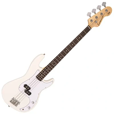 Image of Encore Blaster E40 Bass Guitar Vintage White Lightweight Solid Paulownia Body Split Single Coil Pickup Online Lessons Included Perfect Beginner